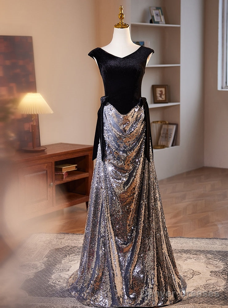 Silver Sequins Black Velvet Prom Dress Main image
