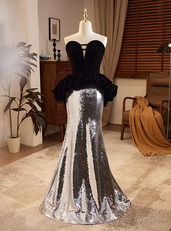 Silver Sequins Black Velvet Strapless Prom Dress Main image