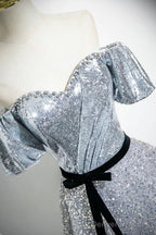 Silver Sequins Floor Length Short Sleeve Prom Dress, Sparkly A-Line Off The Shoulder Party Dress