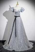 Silver Sequins Floor Length Short Sleeve Prom Dress, Sparkly A-Line Off The Shoulder Party Dress
