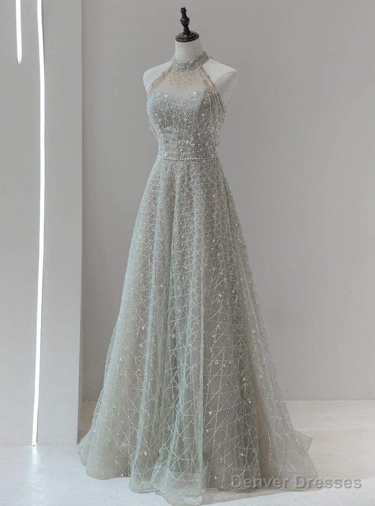 Silver Sequins Halter Beading Prom Dress