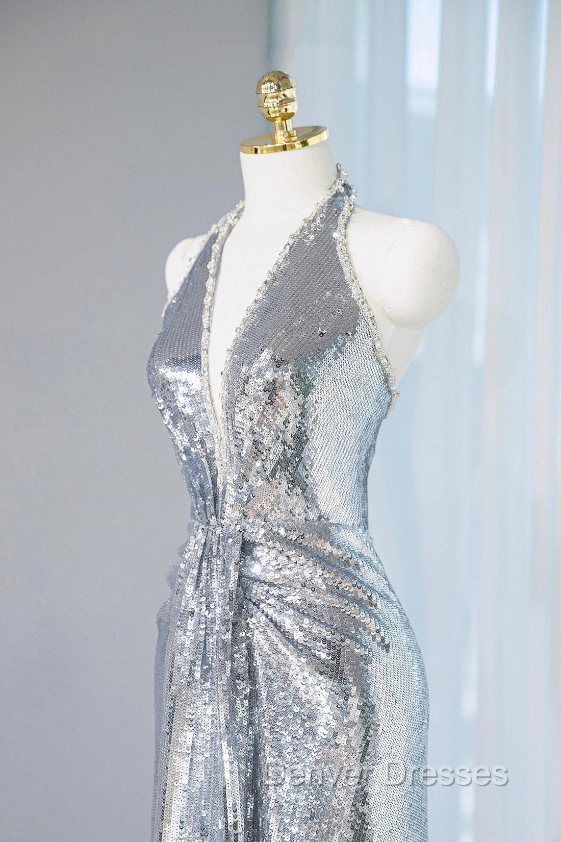 Silver Sequins Long Prom Dress, Shiny V-Neck Evening Party Dress Secondary image