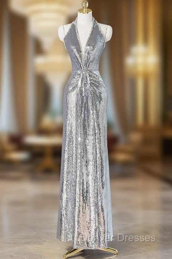 Silver Sequins Long Prom Dress, Shiny V-Neck Evening Party Dress Main image