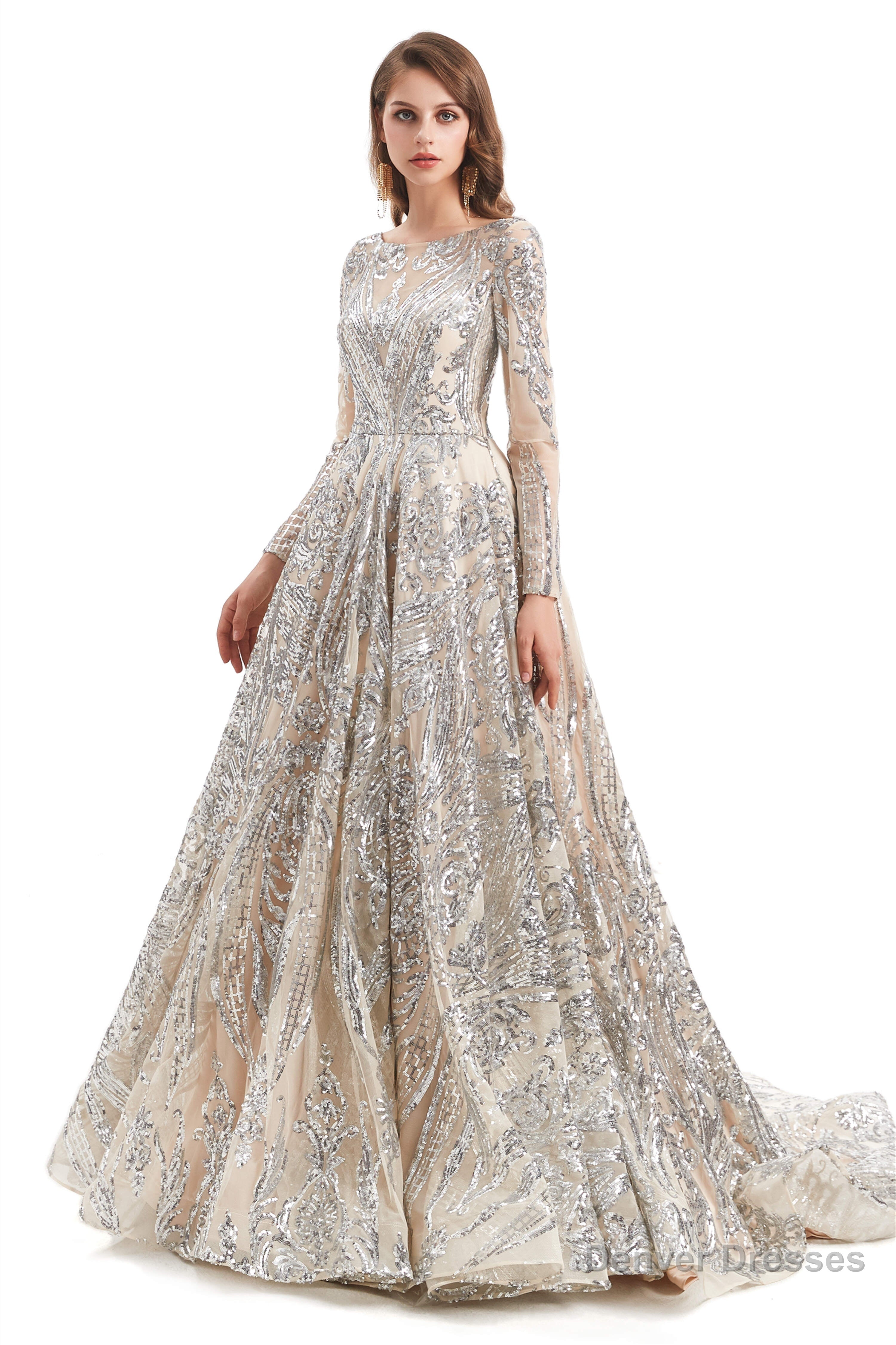 Sequins Long Sleeve Backless Prom Dresses