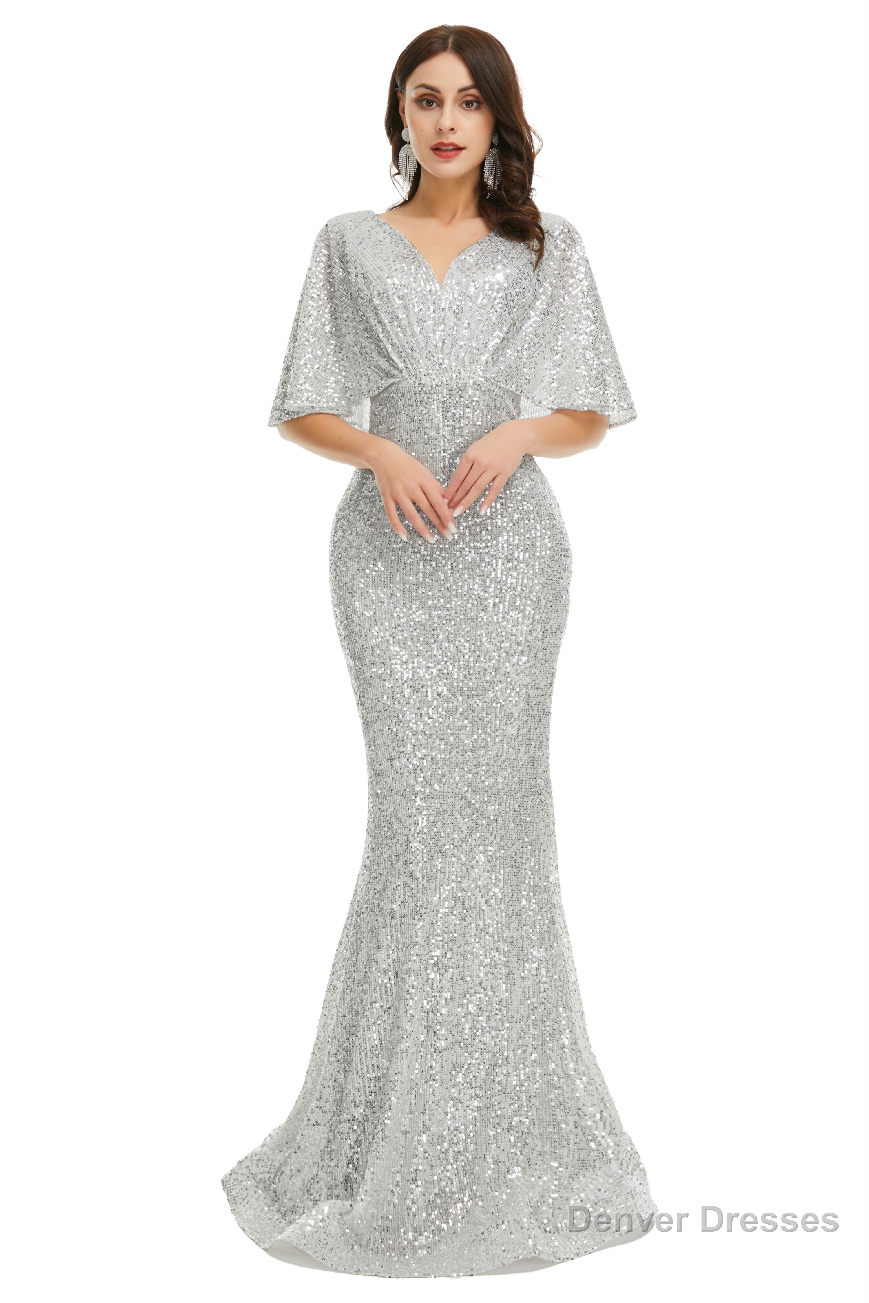 Sequins Mermaid Cape Sleeves V Neck Prom Dresses Secondary image