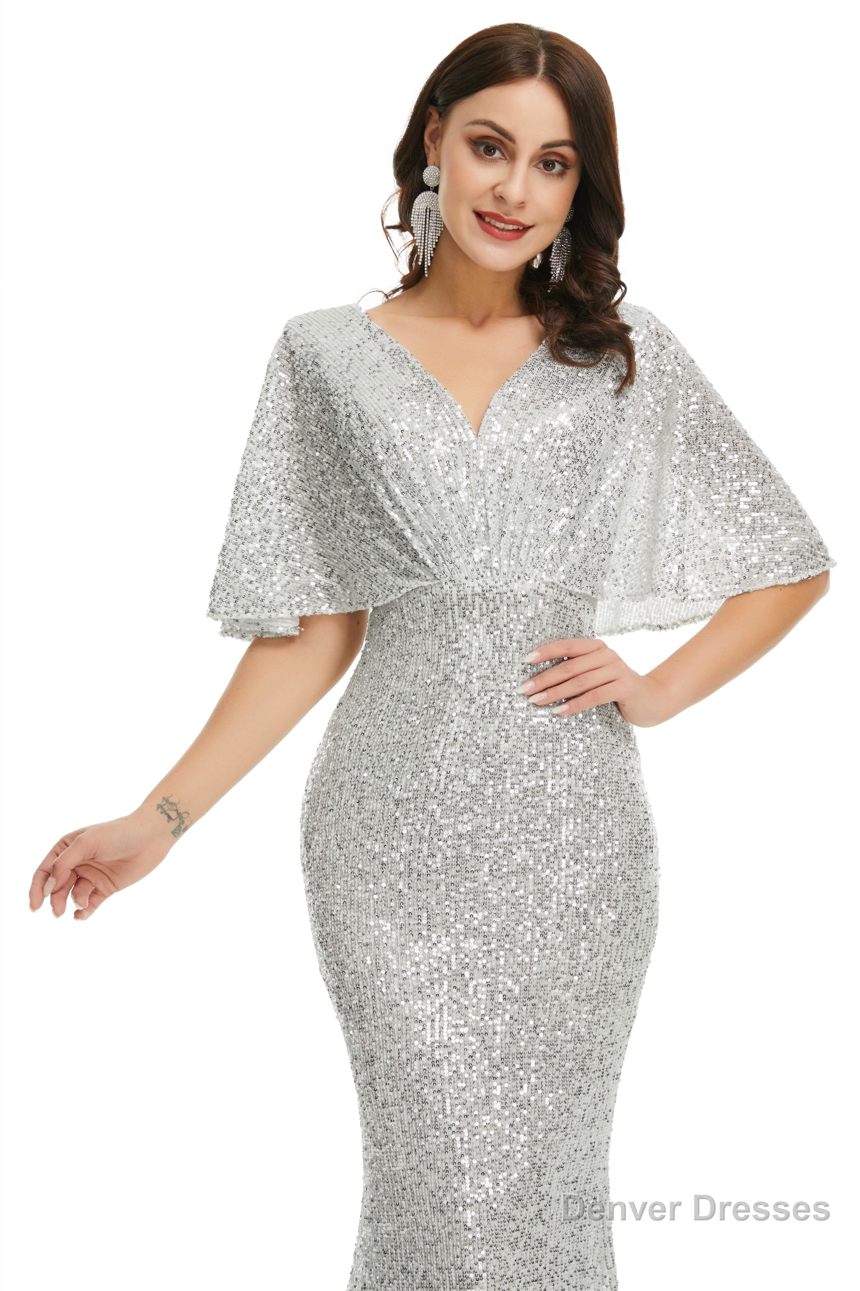 Sequins Mermaid Cape Sleeves V Neck Prom Dresses