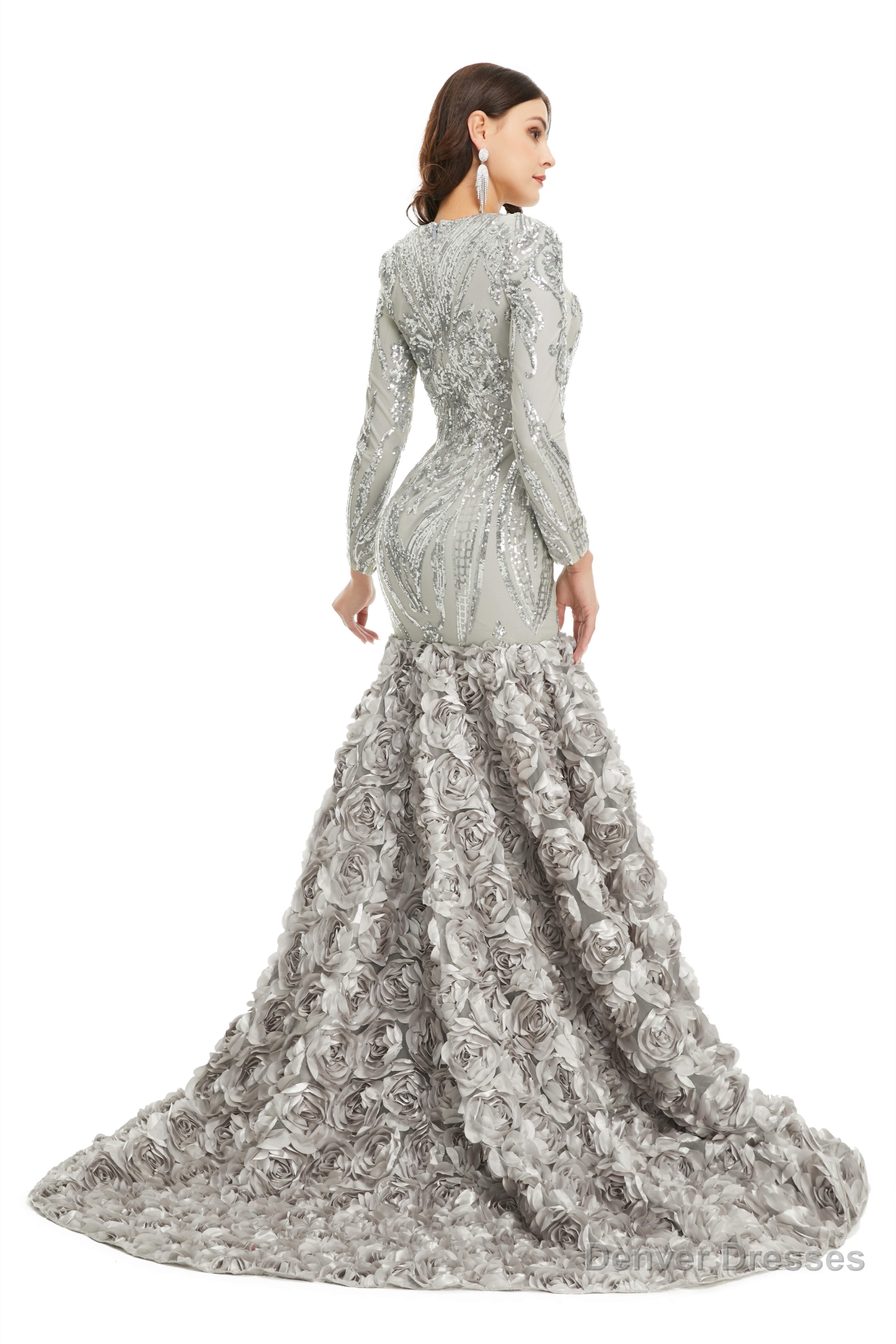 Sequins Mermaid Long V Neck Prom Dresses Full Sleeve