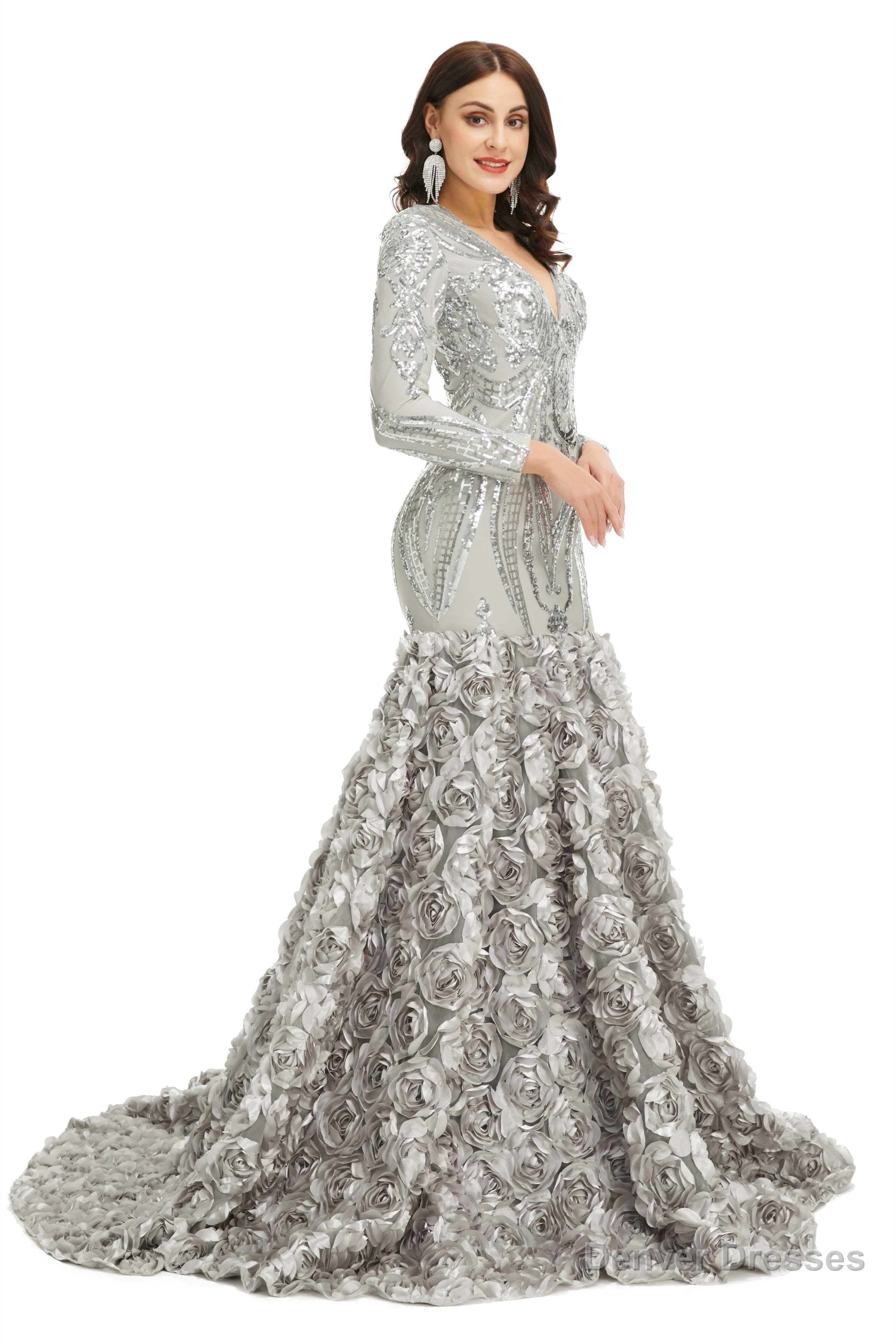 Sequins Mermaid Long V Neck Prom Dresses Full Sleeve