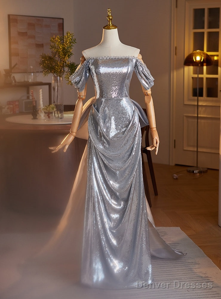 Silver Sequins Off the Shoulder Pleats Beading Prom Dress Main image