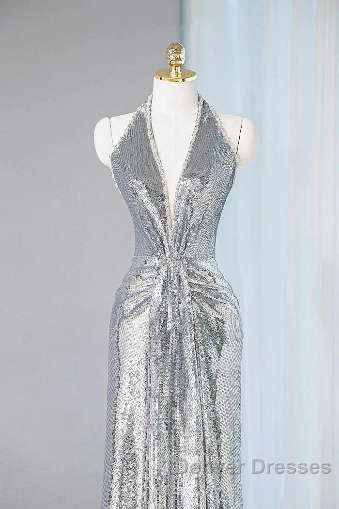 Silver Sequins Sheath V-Neck Long Prom Dress Shiny Evening Dress Secondary image