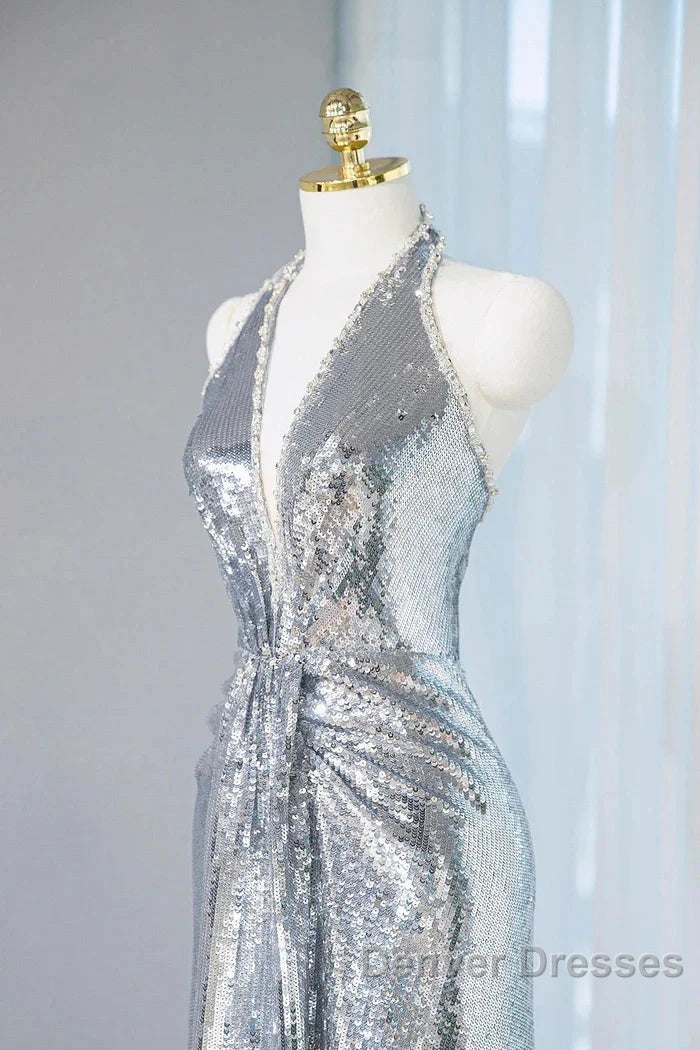Silver Sequins Sheath V-Neck Long Prom Dress Shiny Evening Dress