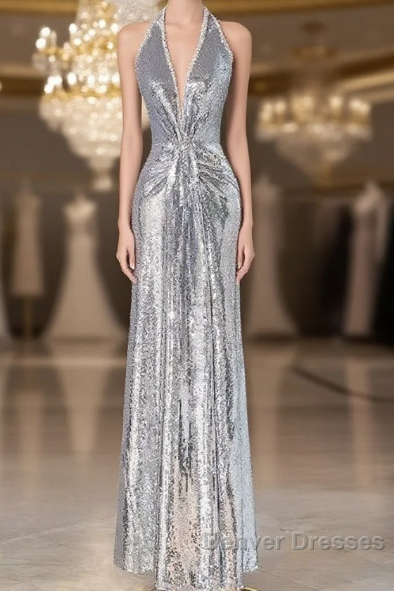 Silver Sequins Sheath V-Neck Long Prom Dress Shiny Evening Dress Main image