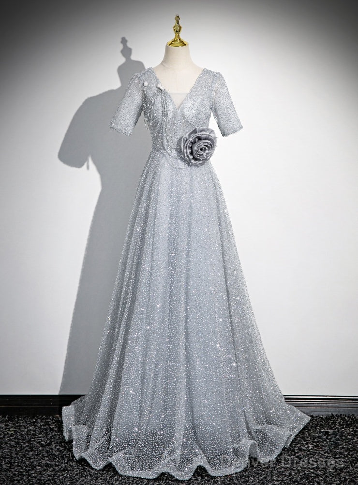 Silver Sequins Shhort Sleeve V-neck Prom Dress Main image