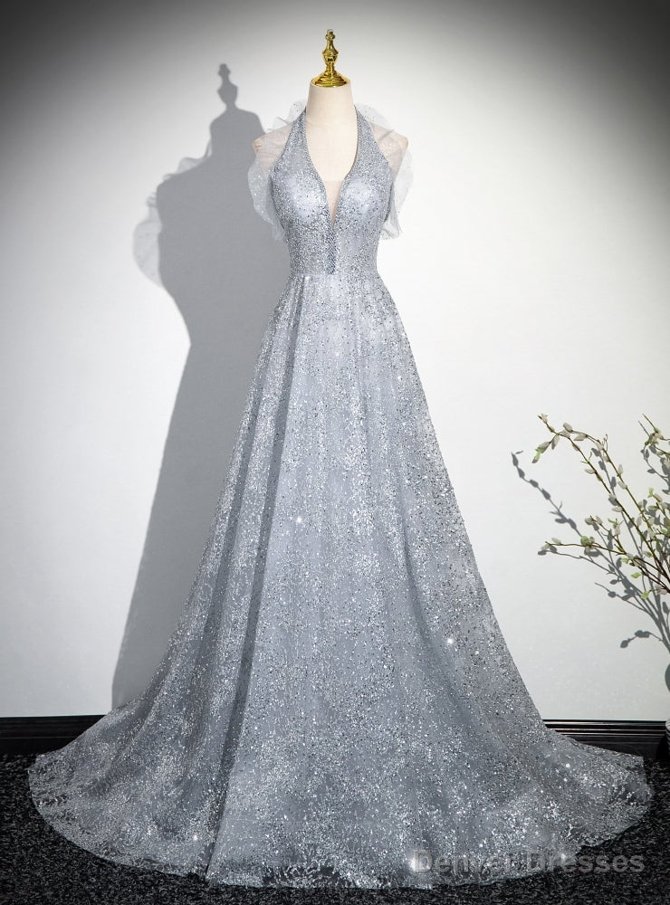Silver Sequins V-neck Beading Prom Dress Main image