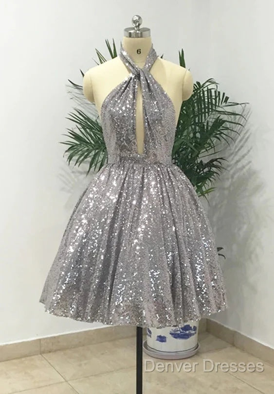 Silver Sexy Halter Sequined Backless Short Homecoming Dress, Sparkly Party Dress