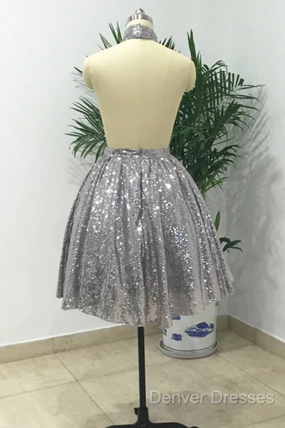 Silver Sexy Halter Sequined Backless Short Homecoming Dress, Sparkly Party Dress
