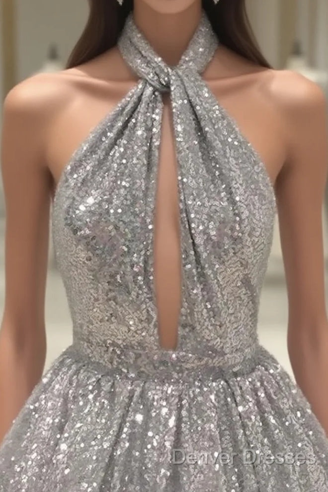 Silver Sexy Halter Sequined Backless Short Homecoming Dress, Sparkly Party Dress Main image