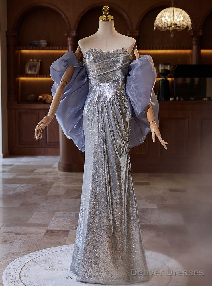 Silver Strapless Sequins Pleats Prom Dress Main image