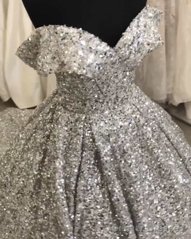 Silver Wedding Dress Sequins Ball Gown Off Shoulder Main image