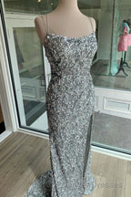 Sparkle Tiffany Blue Sequins Long Prom Dress with Slit