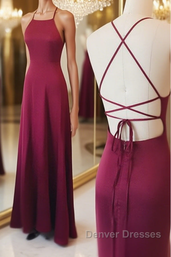 Simple A Line Backless Burgundy Satin Long Prom Dress, Burgundy Formal Dress, Burgundy Evening Dress Main image