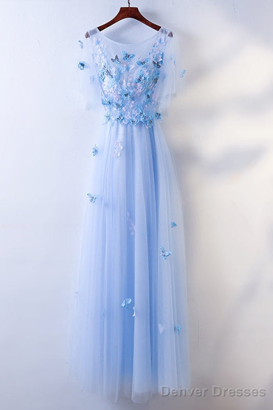 Simple A-Line Blue Tulle With Lace Applique, Blue Floor Length Prom Dress Secondary image