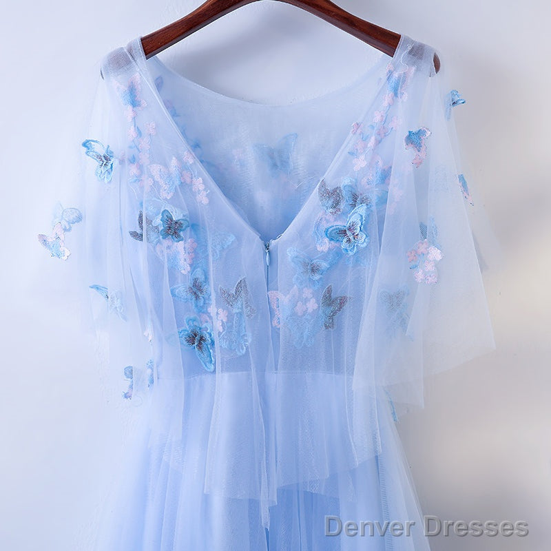 Simple A-Line Blue Tulle With Lace Applique, Blue Floor Length Prom Dress