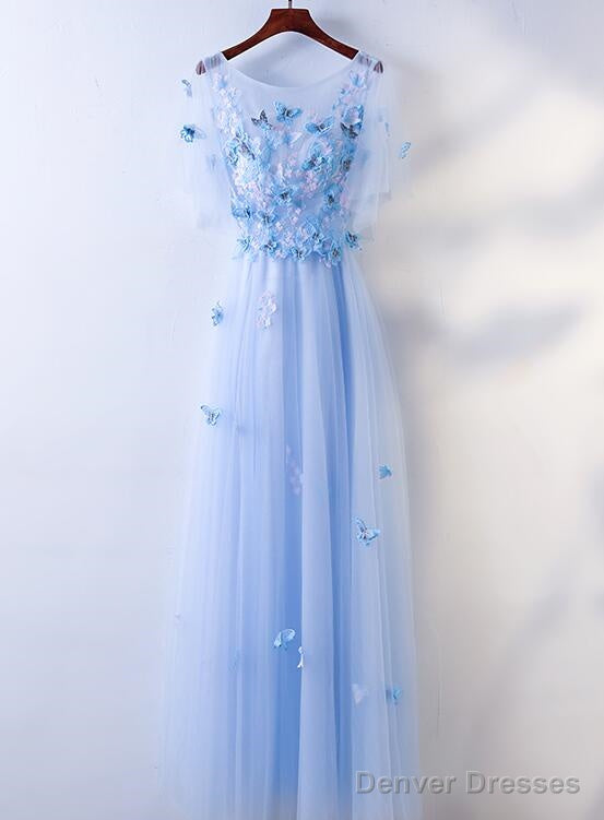 Simple A-Line Blue Tulle With Lace Applique, Blue Floor Length Prom Dress Main image