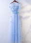 Simple A-Line Blue Tulle With Lace Applique, Blue Floor Length Prom Dress