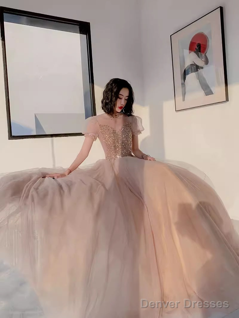 Simple A Line Champagne Tulle Prom Dresses Evening Dress Secondary image