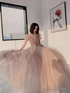 Simple A Line Champagne Tulle Prom Dresses Evening Dress
