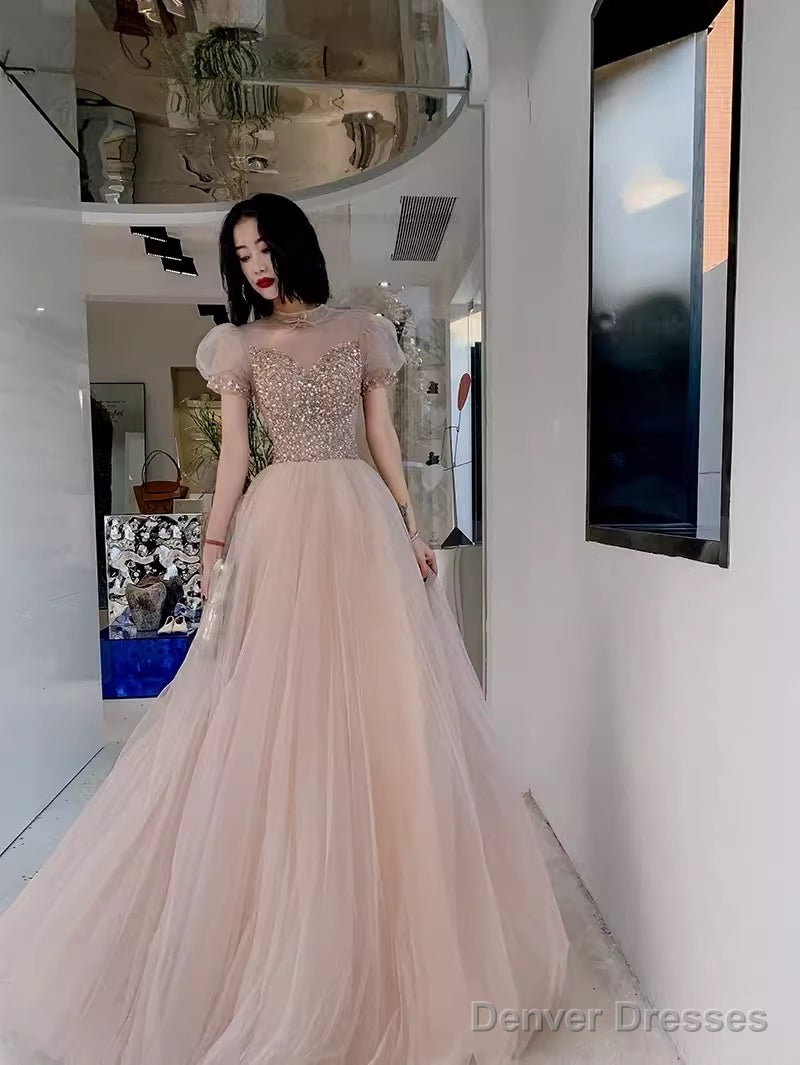 Simple A Line Champagne Tulle Prom Dresses Evening Dress Main image