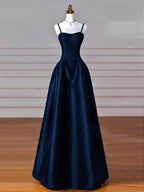 Simple A-Line Dark Blue Satin Long Prom Dress, Dark Blue Long Formal Dress