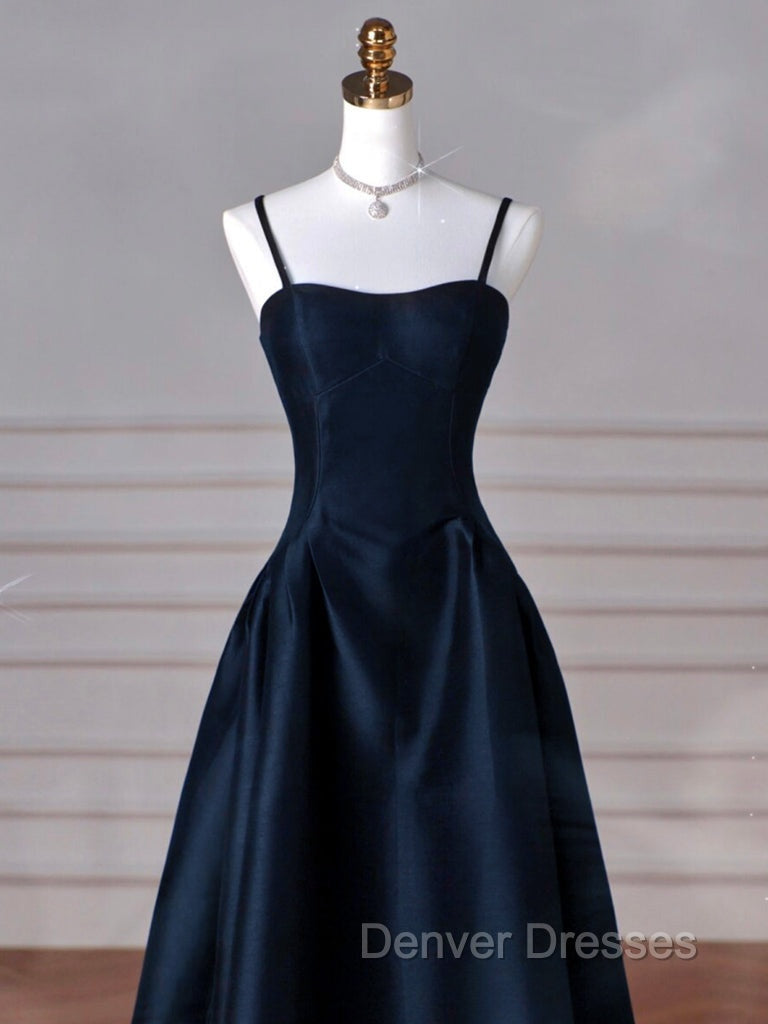 Simple A-Line Dark Blue Satin Long Prom Dress, Dark Blue Long Formal Dress