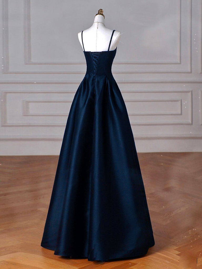 Simple A-Line Dark Blue Satin Long Prom Dress, Dark Blue Long Formal Dress Secondary image