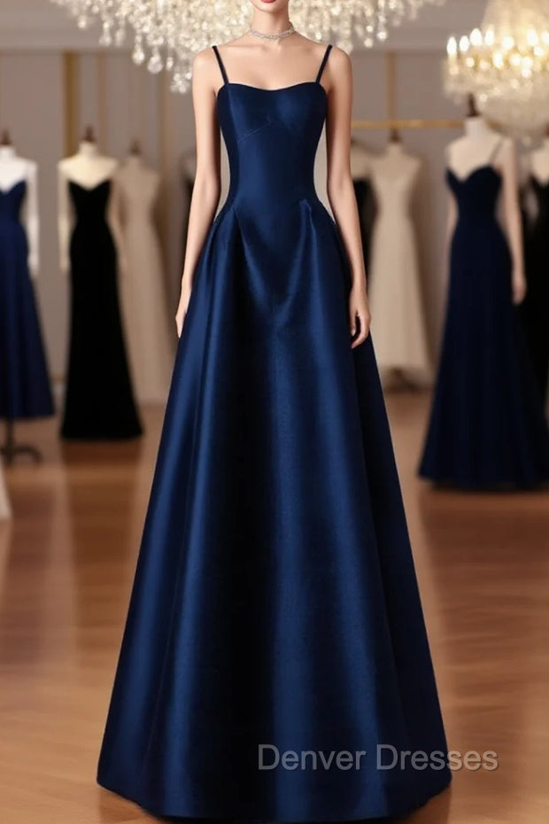 Simple A-Line Dark Blue Satin Long Prom Dress, Dark Blue Long Formal Dress Main image