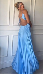 Simple A Line Halter Blue Sleeveless Long Prom Dress Formal Evening Dress