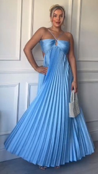 Simple A Line Halter Blue Sleeveless Long Prom Dress Formal Evening Dress