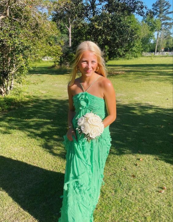 Simple A Line Halter Long Green Prom Dress Party Dress