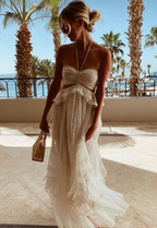Simple A Line Halter Tulle Champagne Long Prom Dress