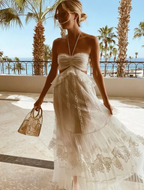 Simple A Line Halter Tulle Champagne Long Prom Dress