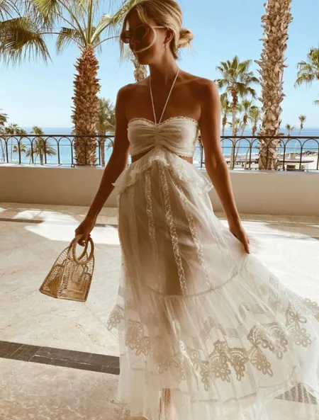 Simple A Line Halter Tulle Champagne Long Prom Dress