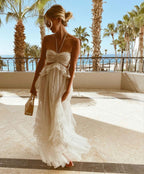 Simple A Line Halter Tulle Champagne Long Prom Dress