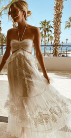 Simple A Line Halter Tulle Champagne Long Prom Dress