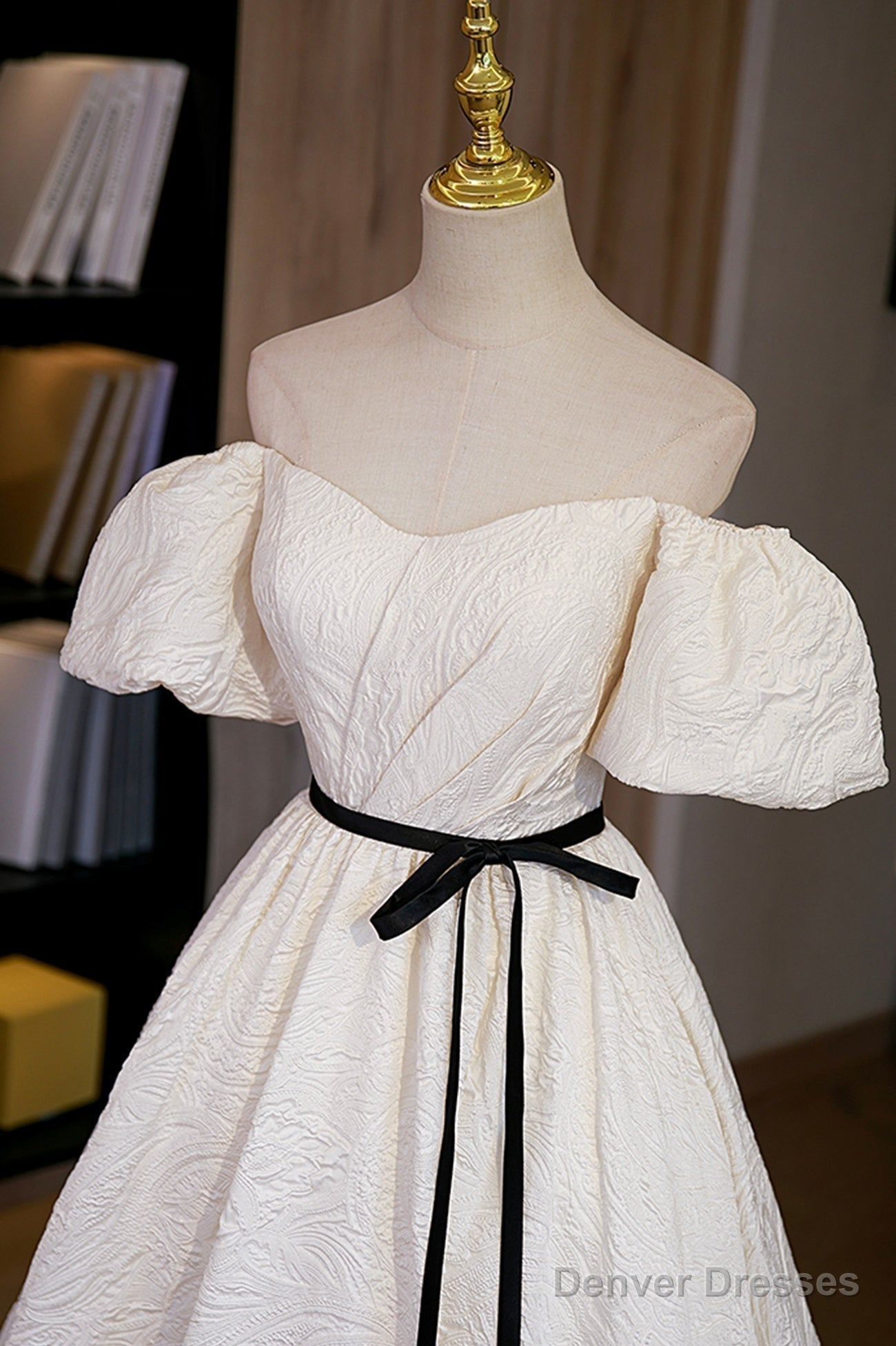 Simple A-Line Jacquard Fabric Long Prom Dress, Off the Shoulder Evening Dress Secondary image