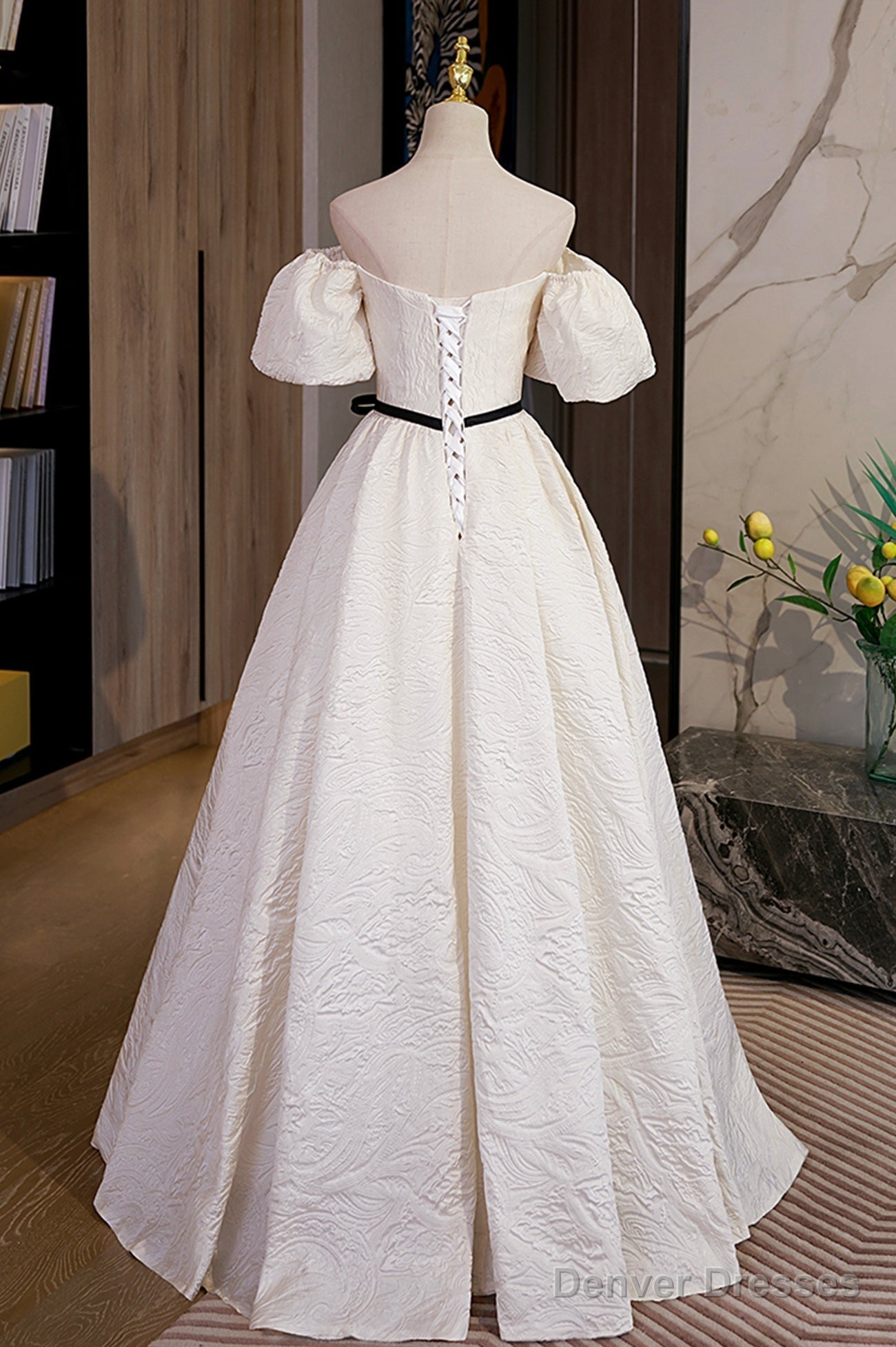 Simple A-Line Jacquard Fabric Long Prom Dress, Off the Shoulder Evening Dress