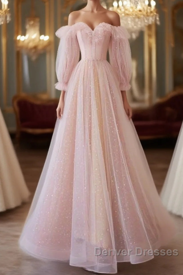 Simple A Line Long Sleeves Pink Tulle Long Prom Dress
