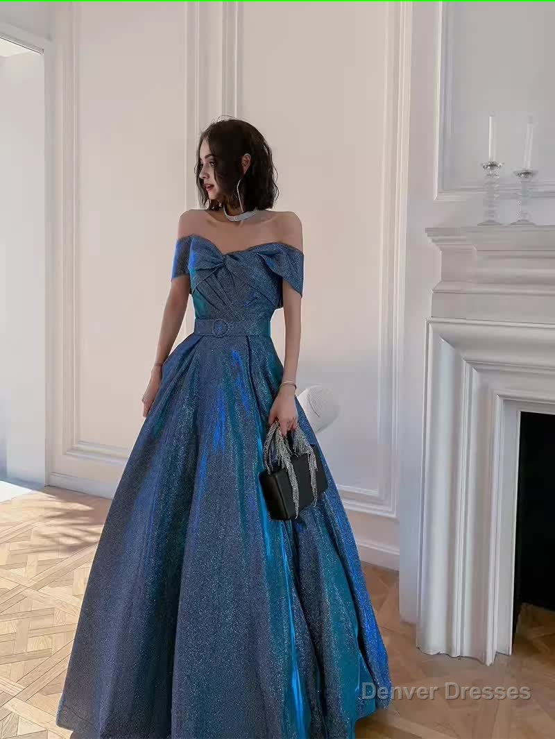 Simple A line Off The Shoulder Blue Prom Dresses Evening Dress Main image