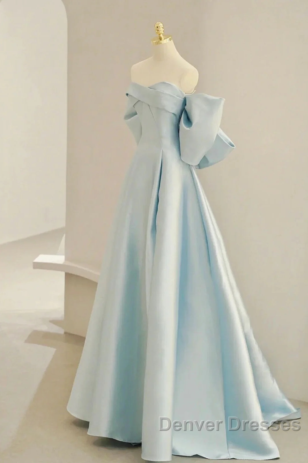 Simple A Line Off The Shoulder Blue Satin Long Prom Dress