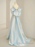 Simple A Line Off The Shoulder Blue Satin Long Prom Dress